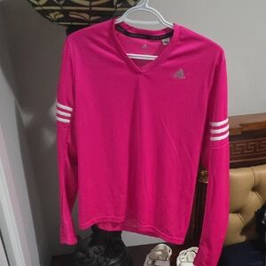 Adidas Running Vivid Pink V-Neck Top with White Stripes